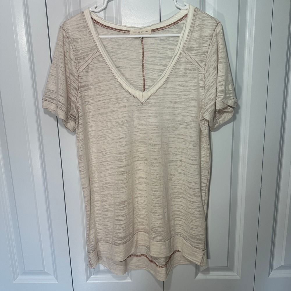 Gilded Intent V-Neck Top M Burnout Cream Raw Seam Short Sleeve Whimsy Y2K Soft